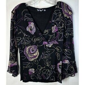 Max 14 Blouse Top Women's L Black Purple Floral Chiffon Bell Sleeves Whimsy